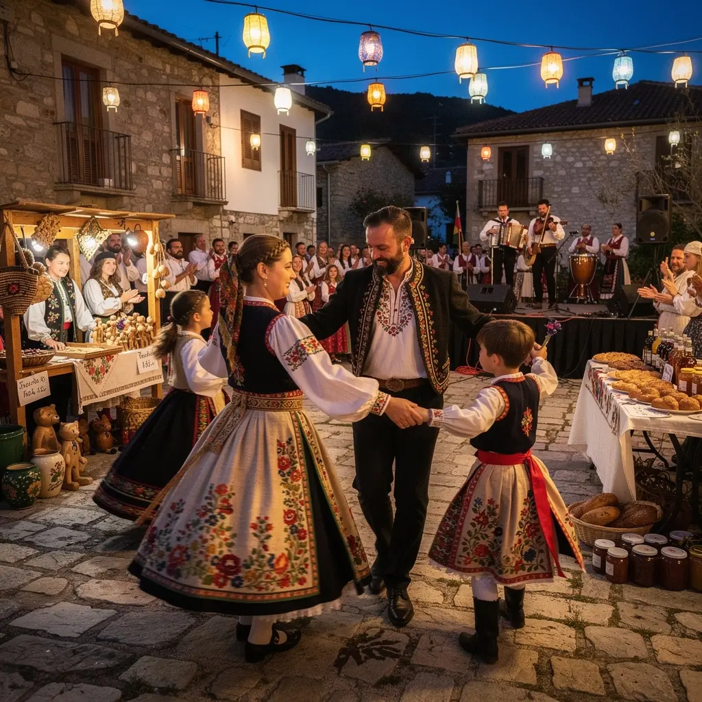 Rodinná skupina prochází malebným parkem s dětským hřištěm v pozadí.