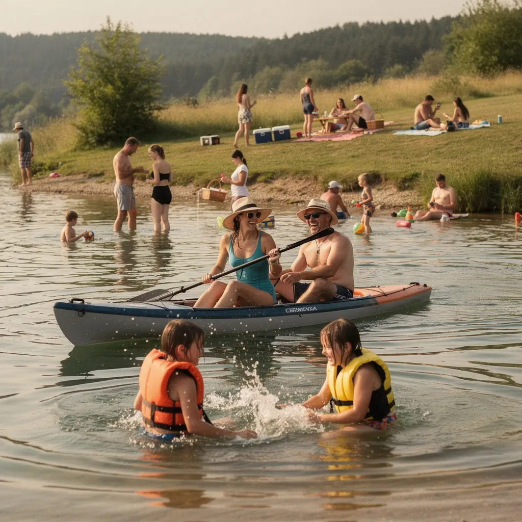 Děti se baví na vyhlídkovém místě s krásným výhledem na českou krajinu.