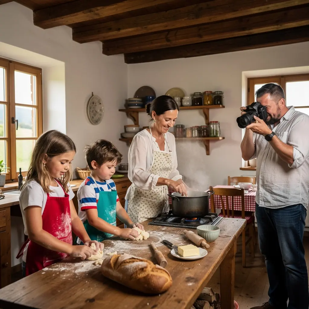 Rodina si užívá piknik na louce obklopené historickými budovami.